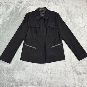 Lafayette 148 Blazer 12 Black Wool Blend Leather Trim Business Casual Jacket